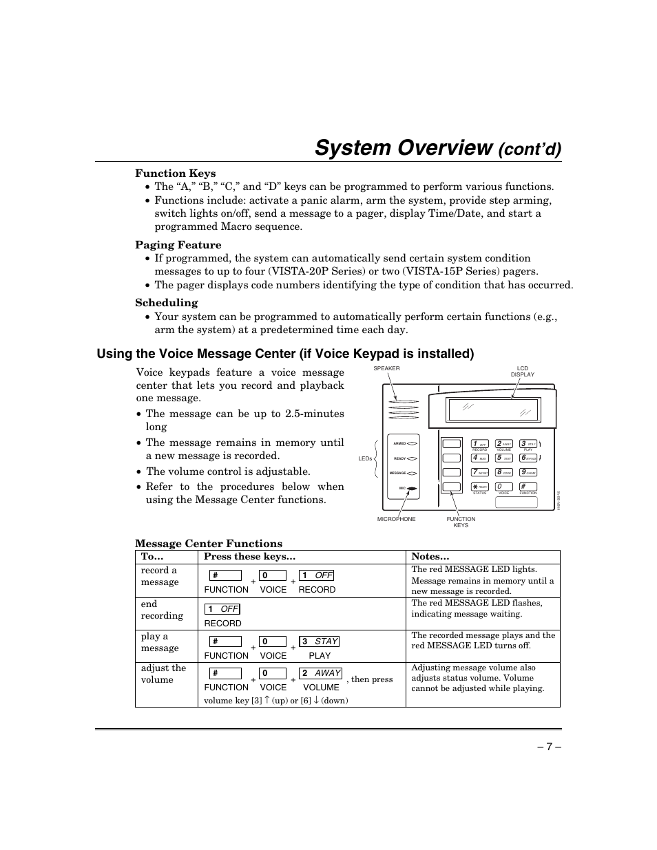 System overview, Cont’d), Message center functions | Honeywell ADEMCO VISTA VISTA-20PSIA User Manual | Page 7 / 64