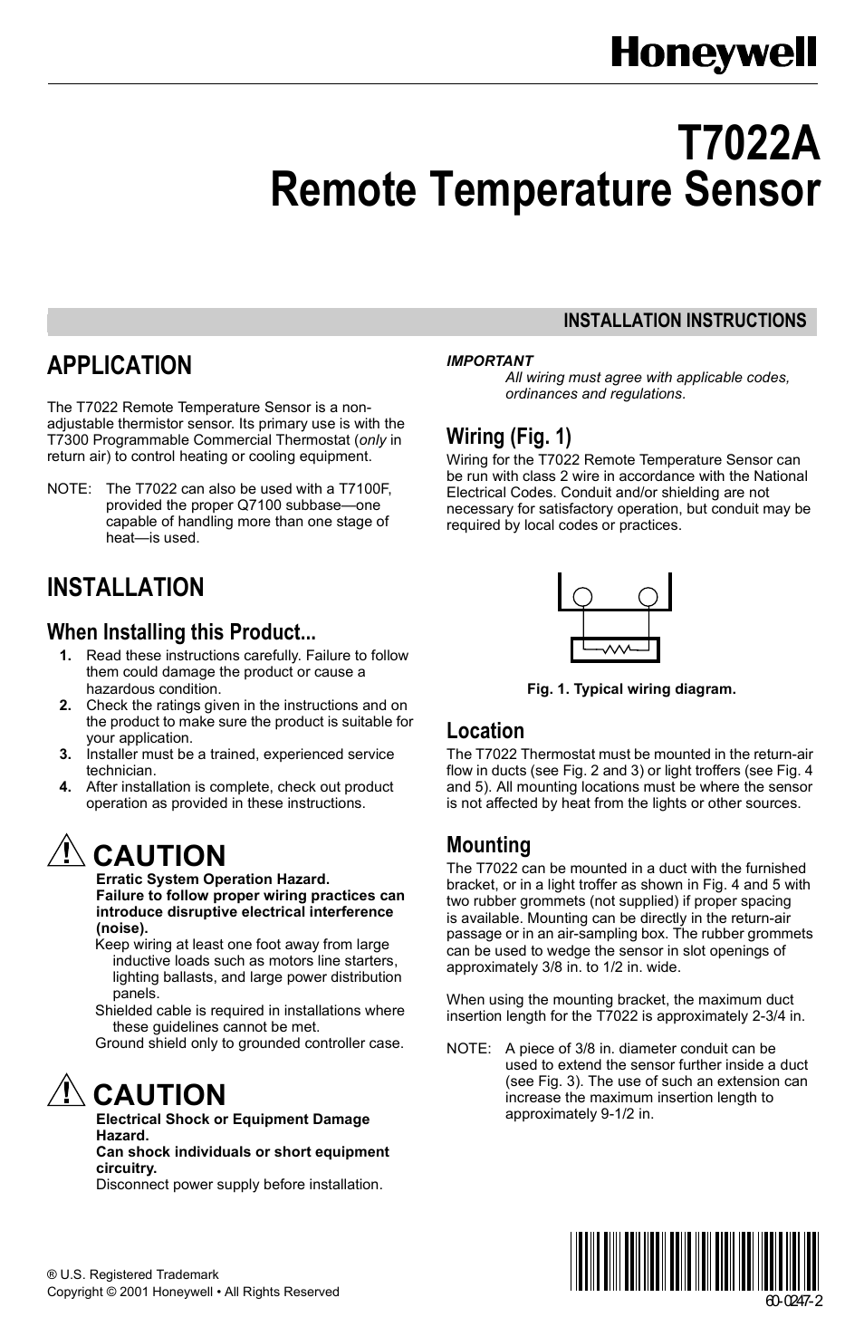 Honeywell T7022A User Manual | 2 pages