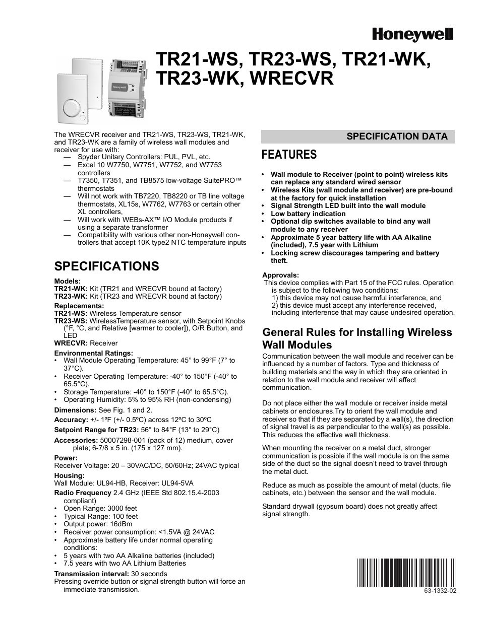 Honeywell 63-1332-02 User Manual | 2 pages