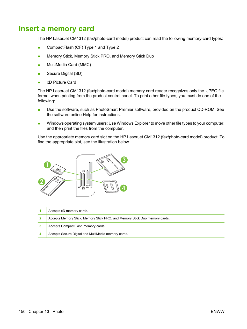 Insert a memory card | HP CM1312 MFP Series User Manual | Page 162 / 276