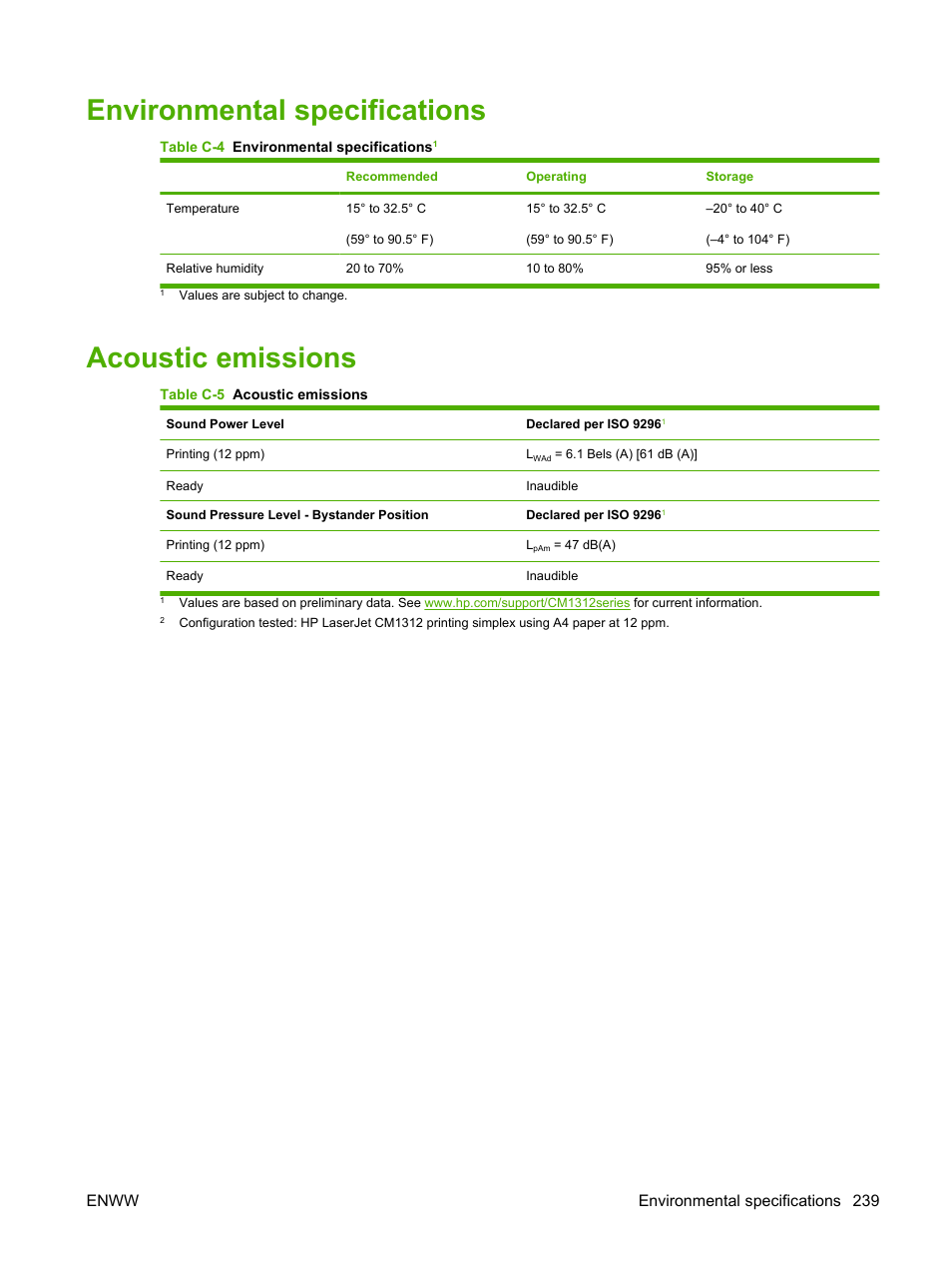 Environmental specifications, Acoustic emissions, Enww environmental specifications 239 | HP CM1312 MFP Series User Manual | Page 251 / 276