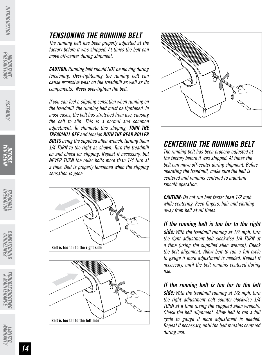 Centering the running belt, Tensioning the running belt | Horizon Fitness RST5.6 User Manual | Page 14 / 32