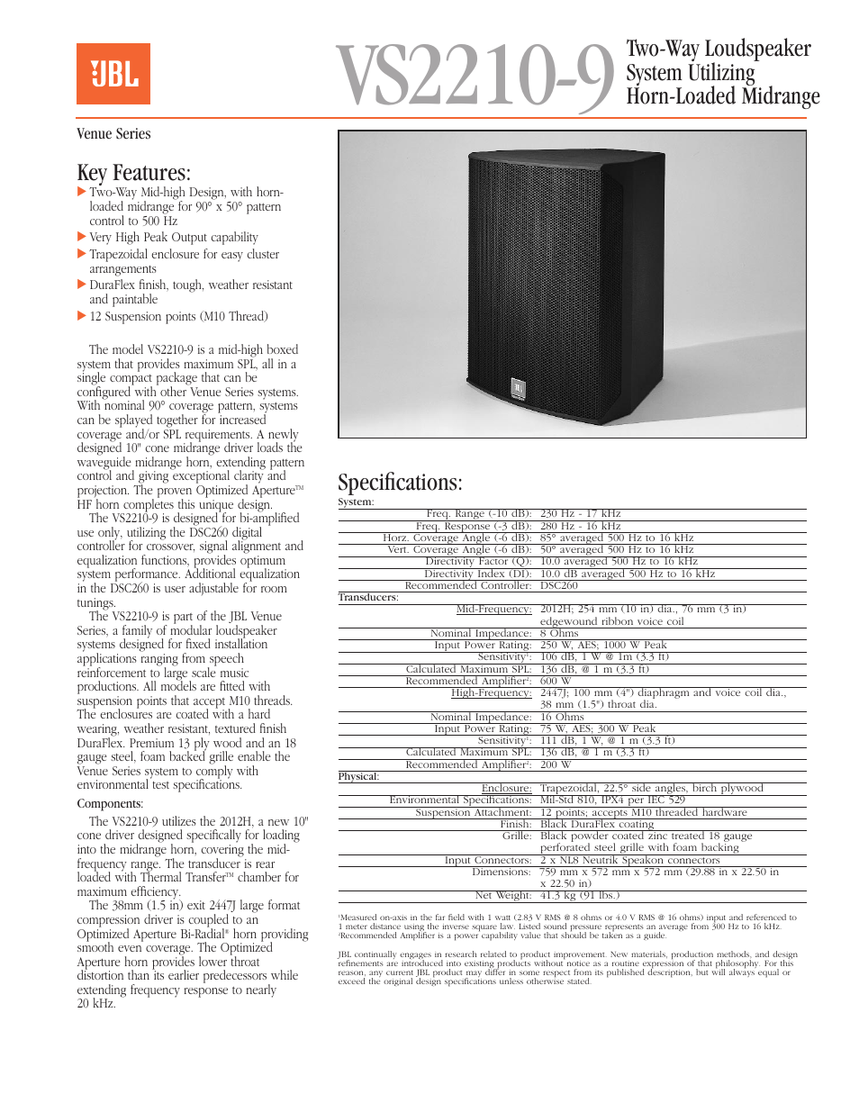 Harman-Kardon Two-Way Loudspeaker System Utilizing Horn-Loaded Midrange VS2210-9 User Manual | 4 pages