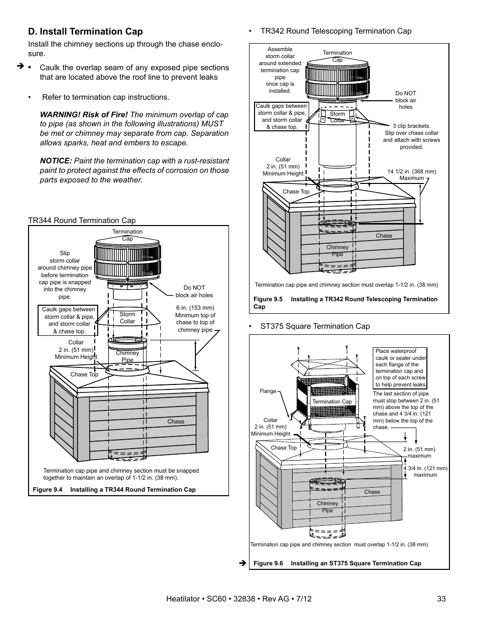 D. install termination cap | Heatiator Heatilator Wood Burning Fireplace SC60 User Manual | Page 33 / 48