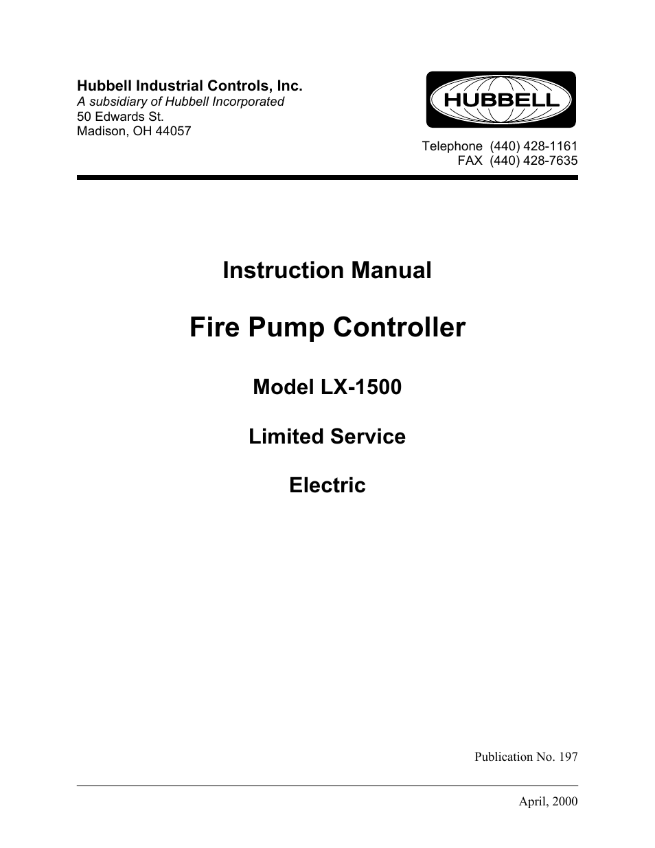 Hubbell Fire Pump Controller LX-1500 User Manual | 12 pages