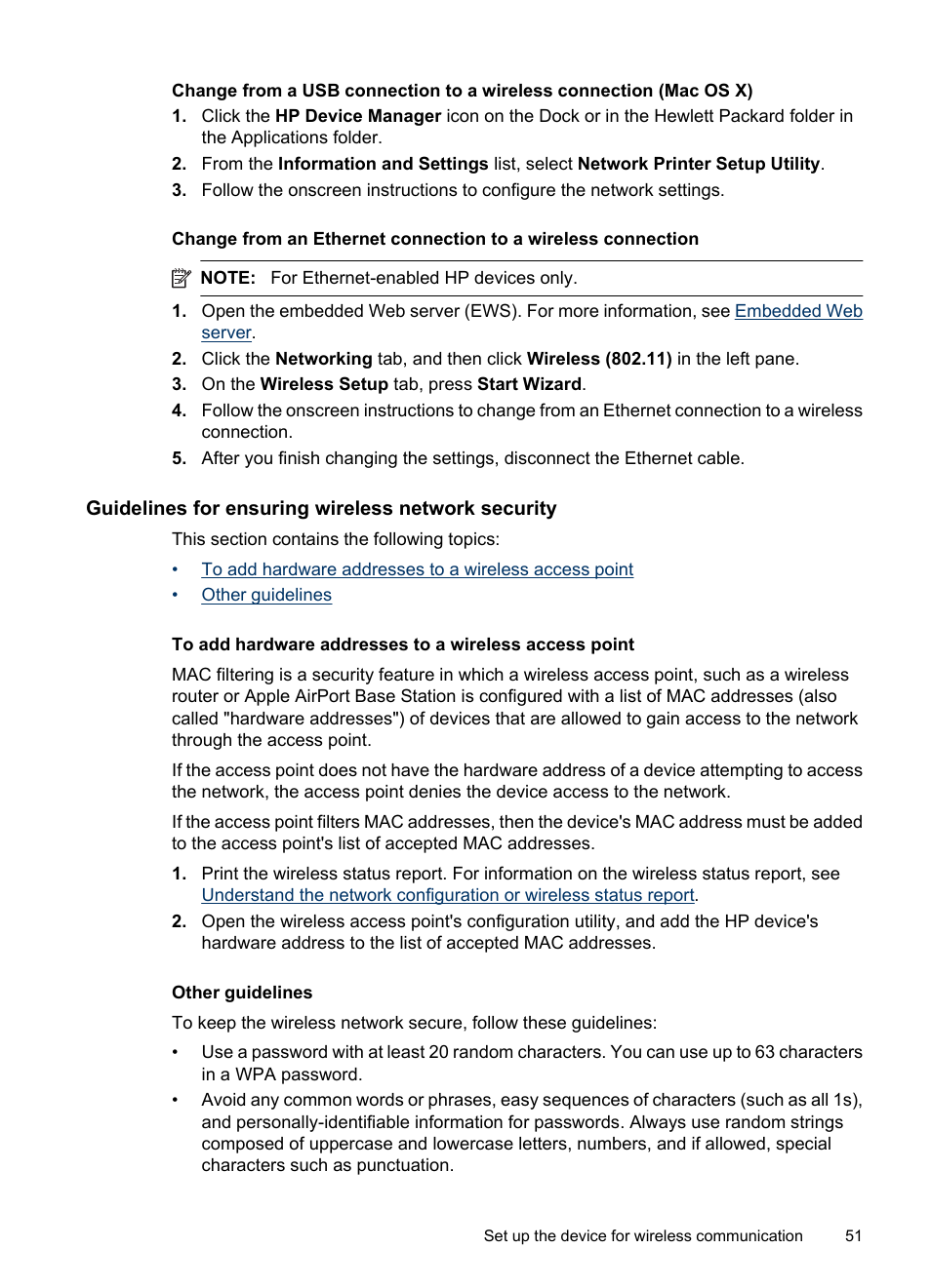 Guidelines for ensuring wireless network security, Other guidelines | HP Officejet 6000 User Manual | Page 55 / 168