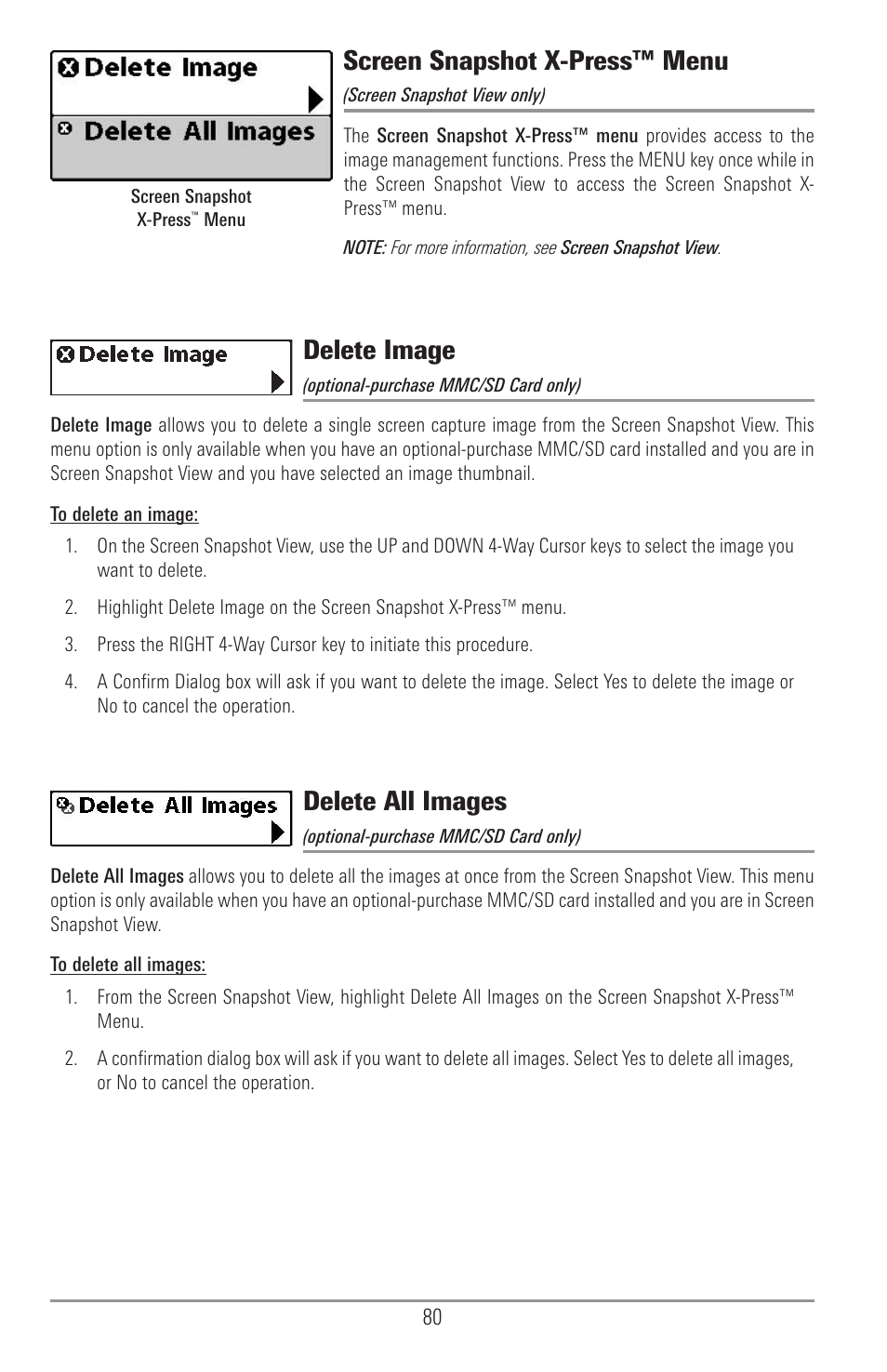 Screen snapshot x-press menu, Screen snapshot x-press™ menu, Delete image | Delete all images | Humminbird 1155C User Manual | Page 88 / 129