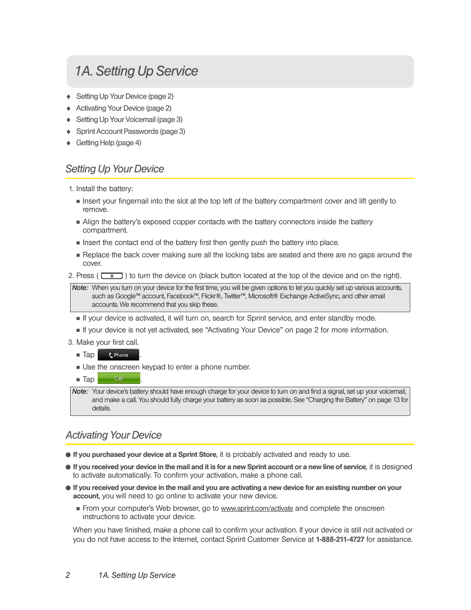 1a. setting up service, Setting up your device, Activating your device | HTC EVO 4G User Manual | Page 12 / 197