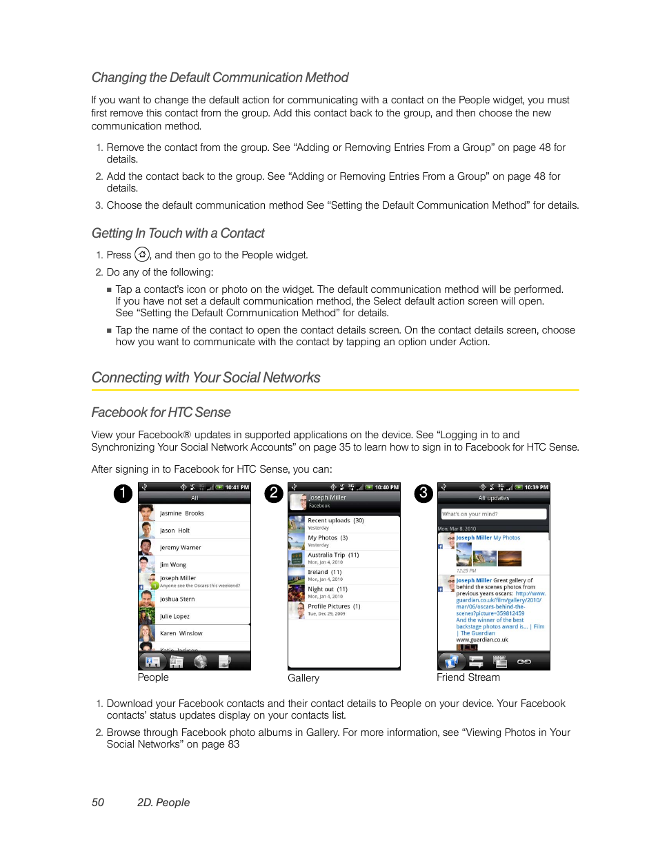 Changing the default communication method, Getting in touch with a contact, Connecting with your social networks | Facebook for htc sense | HTC EVO 4G User Manual | Page 60 / 197
