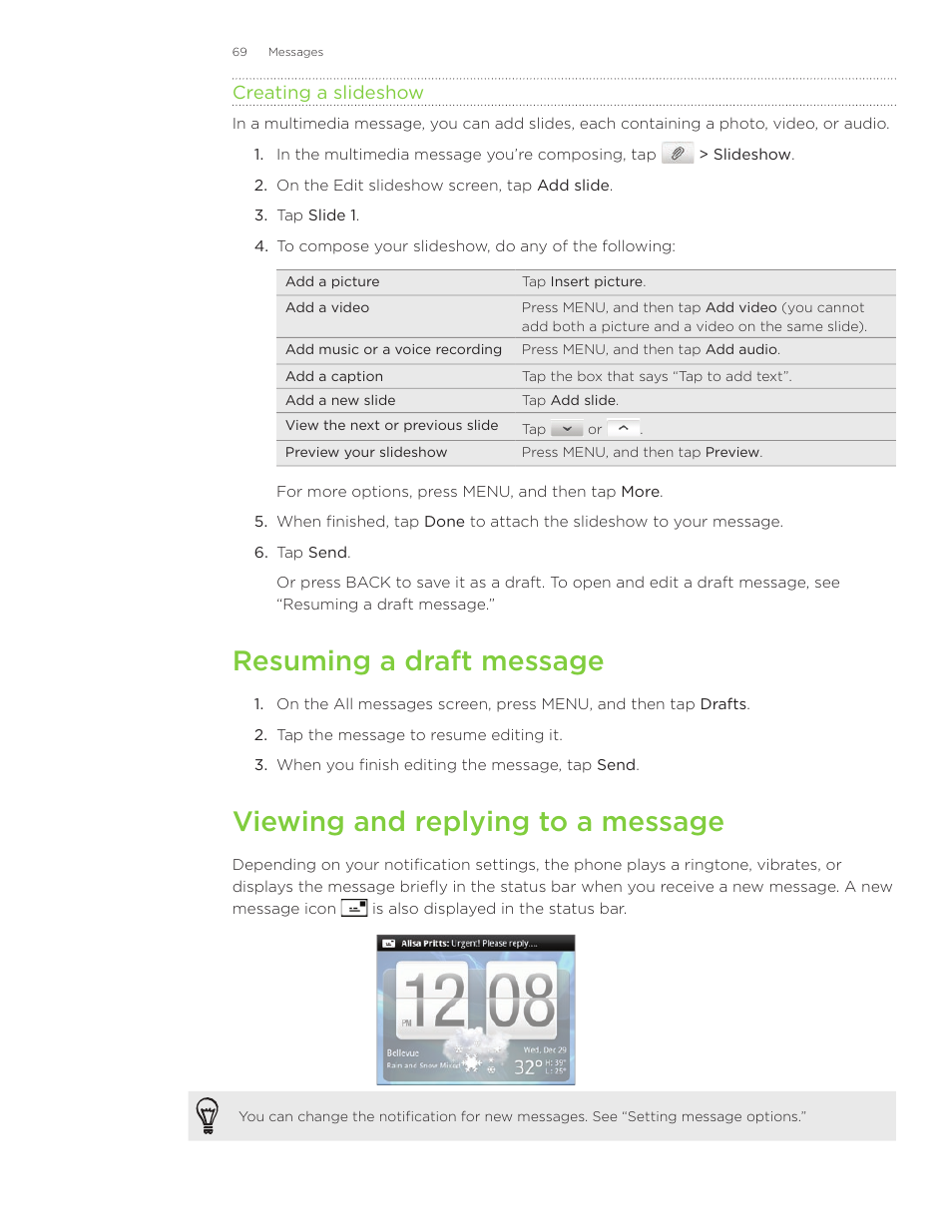Resuming a draft message, Viewing and replying to a message | HTC Inspire 4G User Manual | Page 69 / 206