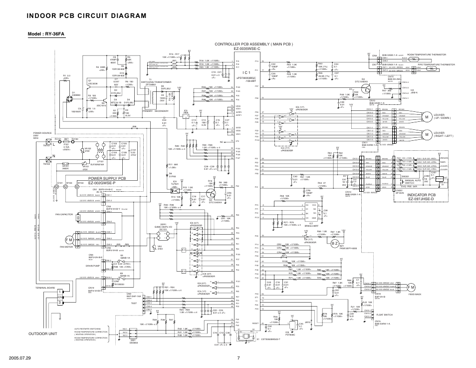 Indoor pcb circuit diagram, Model : ry-36fa, Indicator pcb ez-097jhse-d | Outdoor unit, Controller pcb assembly ( main pcb ) ez-0035wse-c, F m b z, Power supply pcb ez-002gwse-p, I c 1 | FUJITSU RY-36UA User Manual | Page 8 / 27