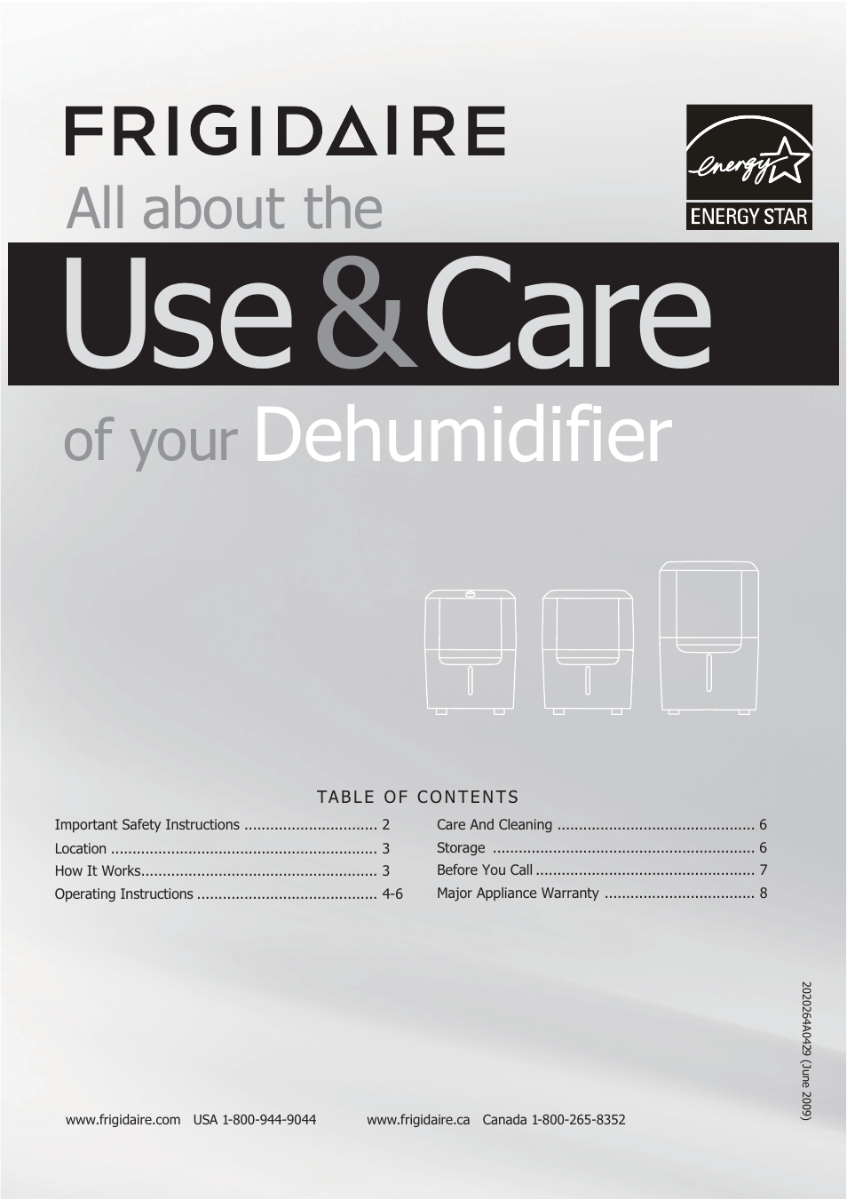 FRIGIDAIRE DEHUMIDIFIER 2020264A0429 User Manual | 8 pages