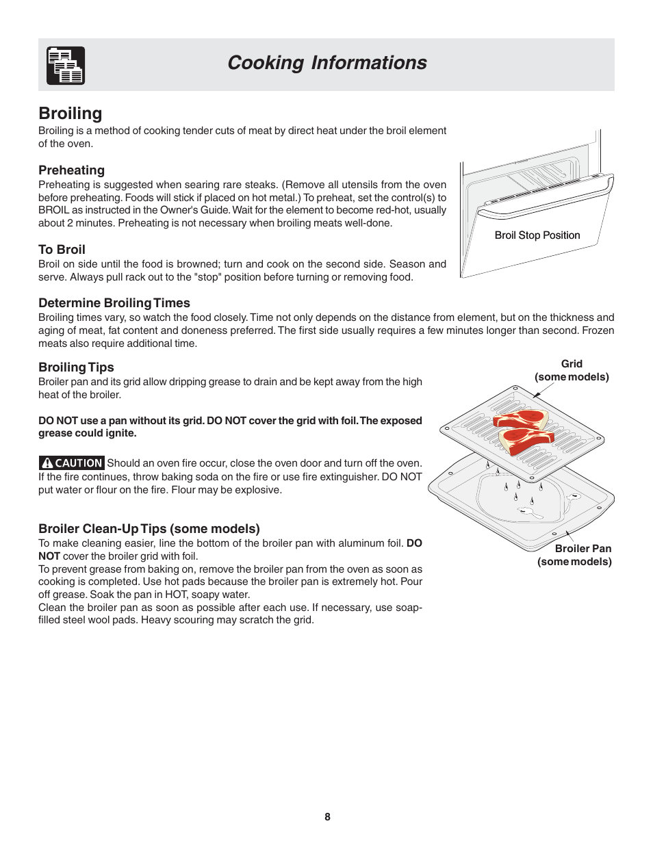 Cooking informations, Broiling | FRIGIDAIRE 318205120 User Manual | Page 8 / 16