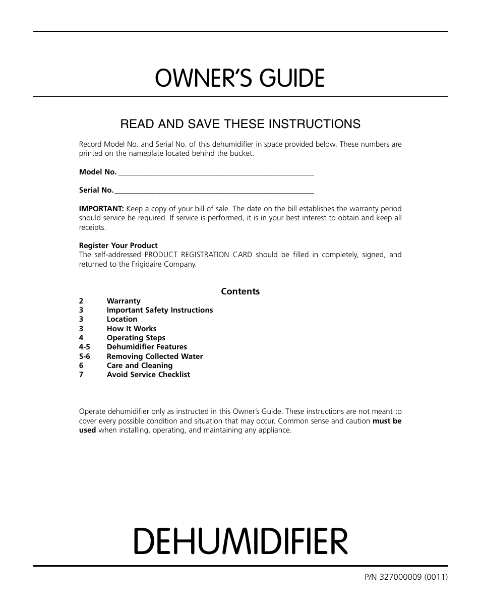 FRIGIDAIRE 327000009 User Manual | 8 pages