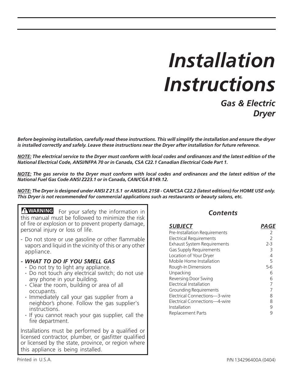 FRIGIDAIRE P/N 134296400A (0404) User Manual | 9 pages