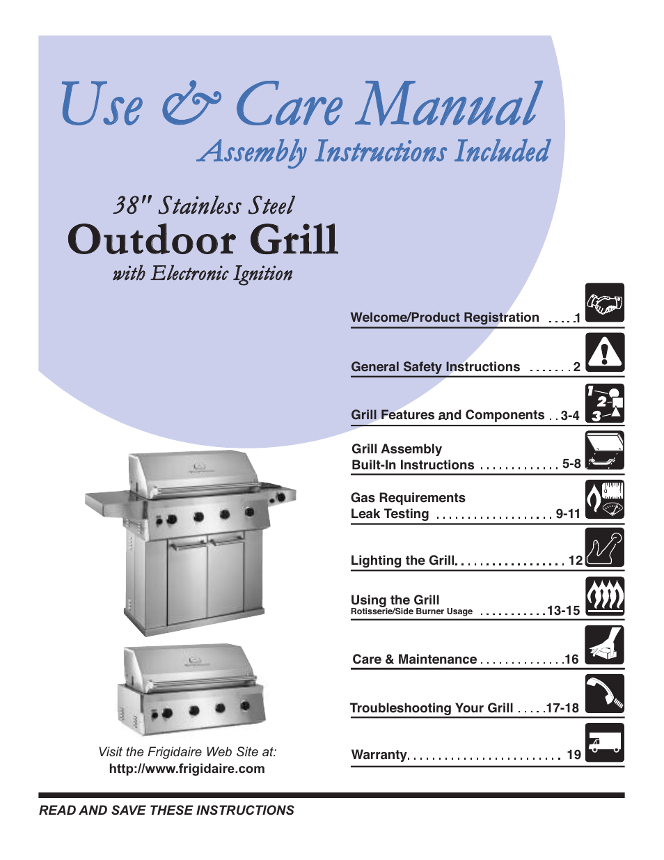 FRIGIDAIRE Outdoor Grill with Electronic Ignition User Manual | 19 pages