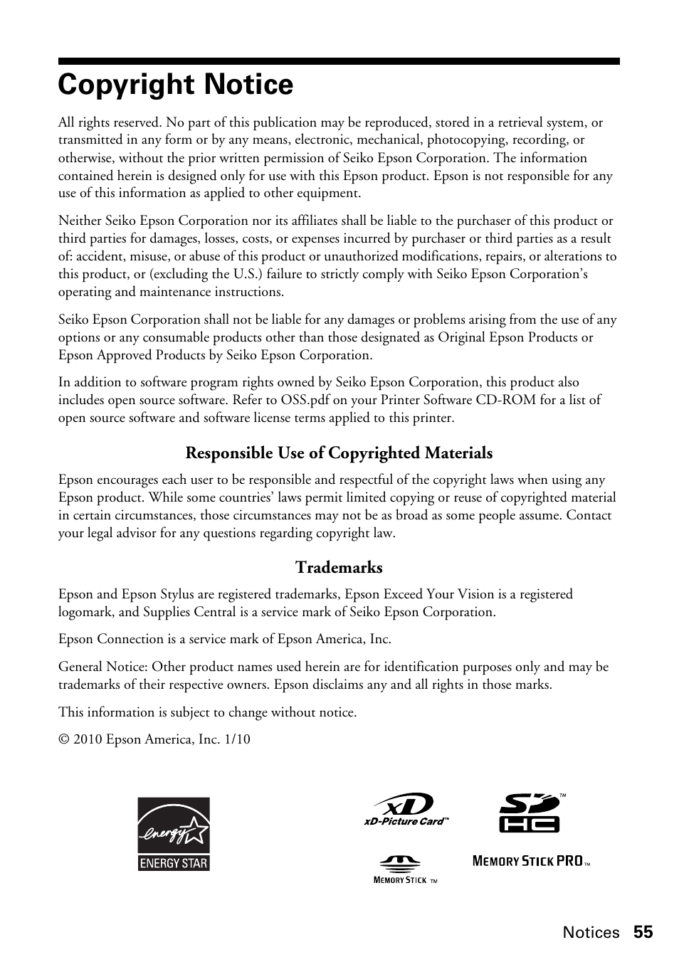 Copyright notice | Epson Stylus NX420 User Manual | Page 55 / 56
