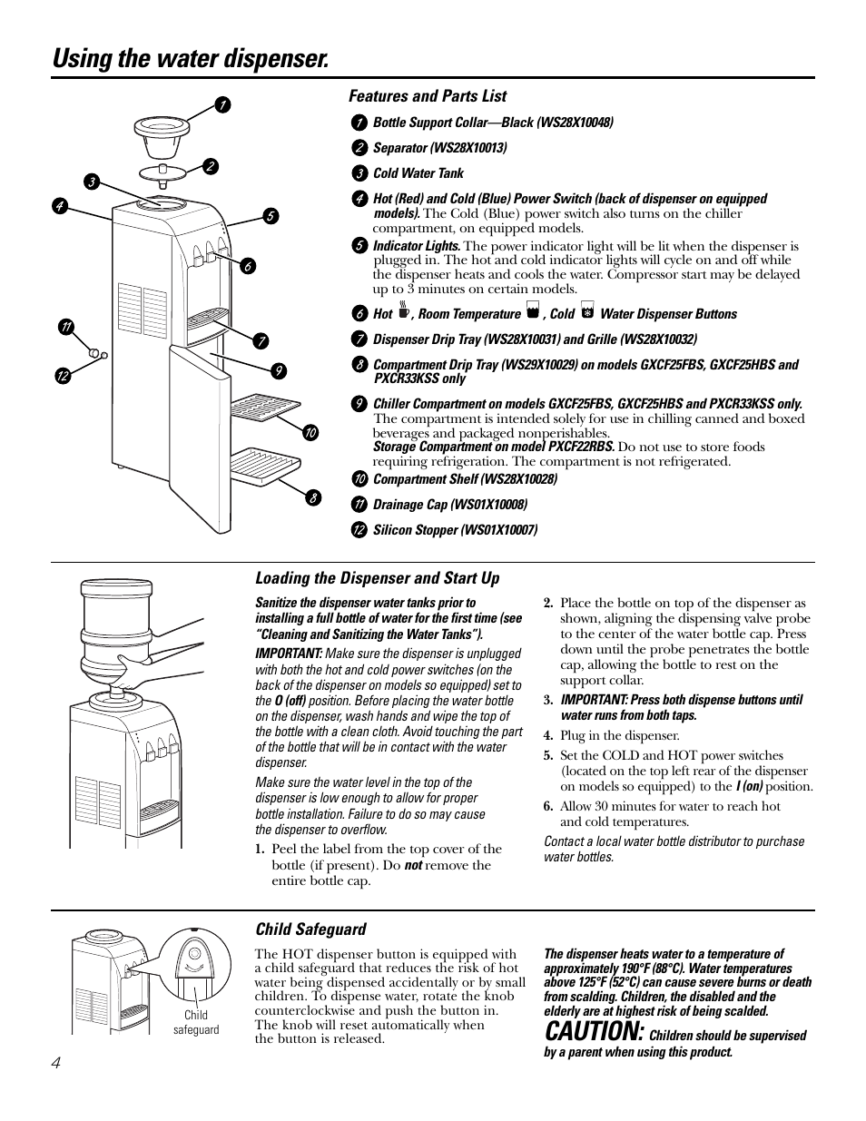 Child safeguard, Cold water and compartment features and parts list, Loading the dispenser | Using the water dispenser, Caution | GE GXCF25FBS User Manual | Page 4 / 28