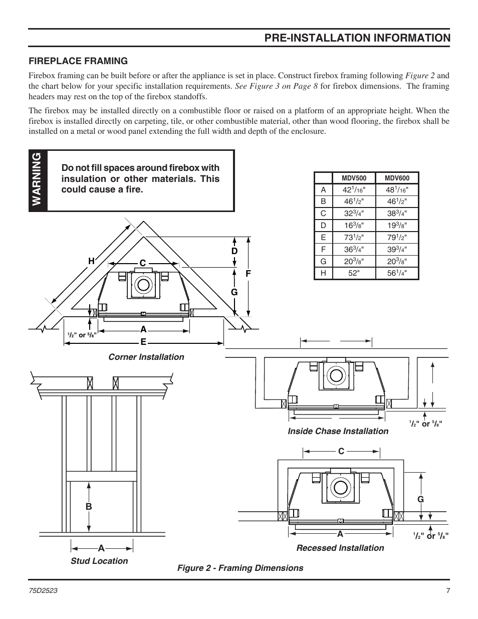Pre-installation information, Warning, Fireplace framing | Monessen Hearth Direct Vent Gas Fireplace MDV500 User Manual | Page 7 / 60