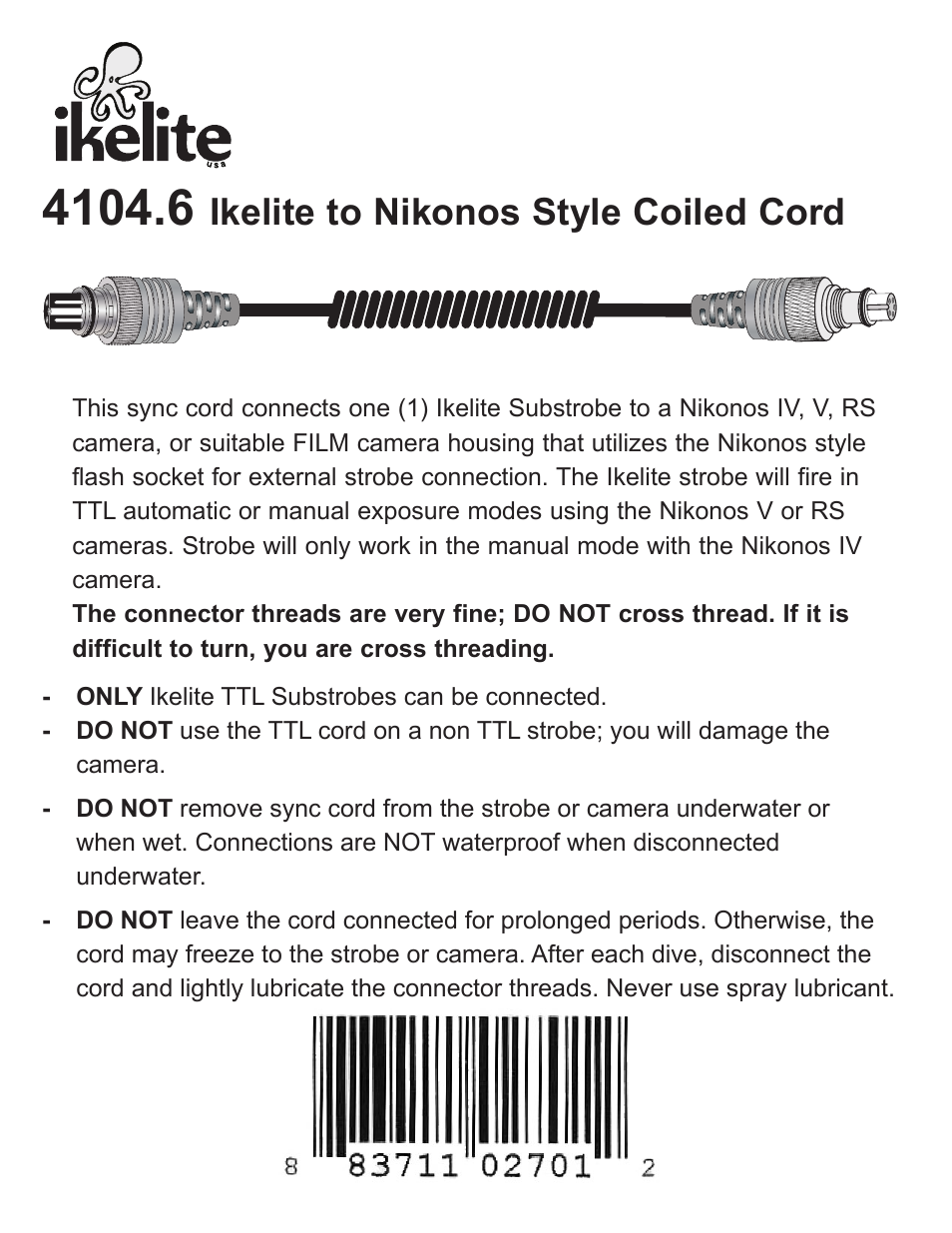 Ikelite pdf #4104.6 ..... Nikonos TTL Cord Film Camera User Manual | 4 pages