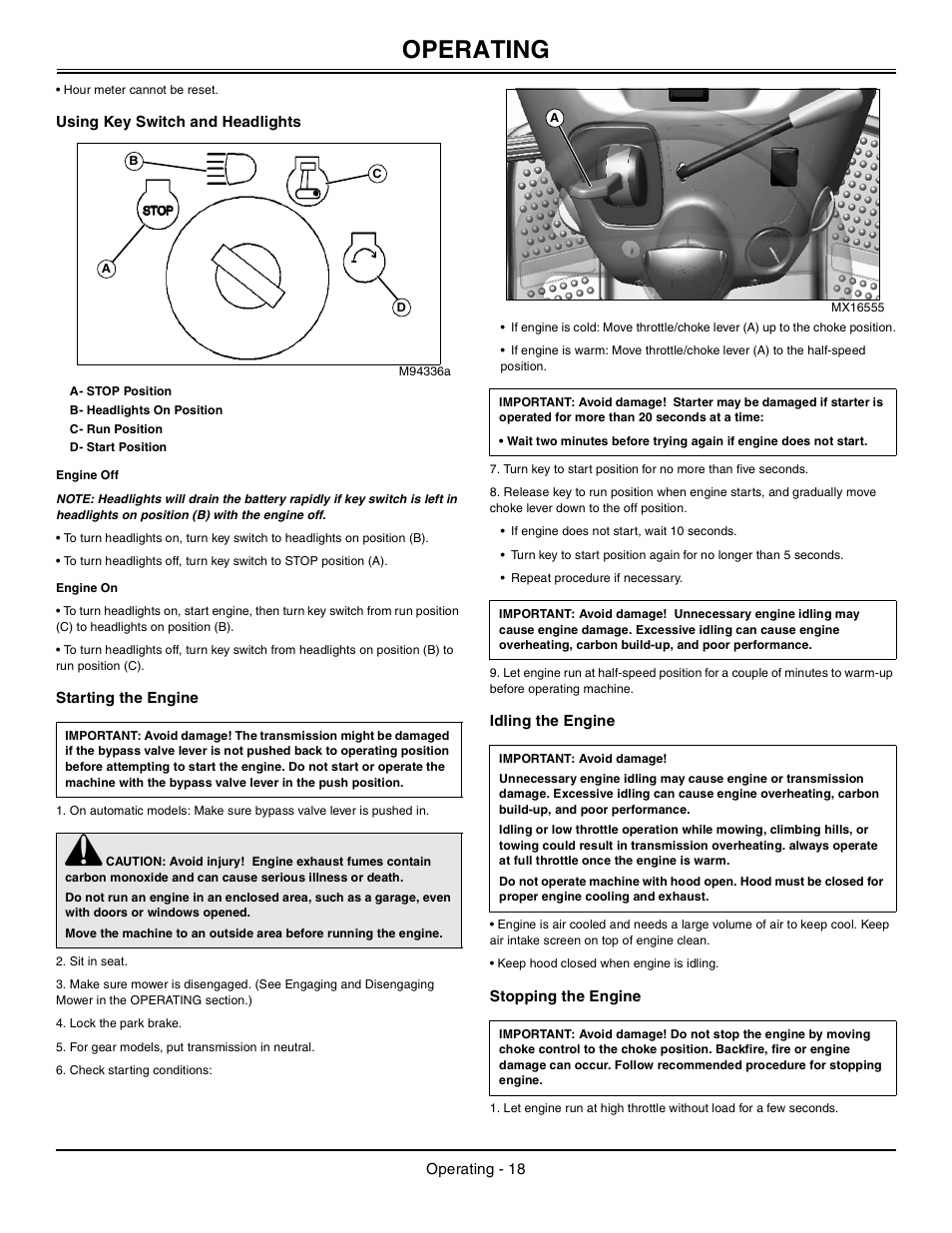 Using key switch and headlights, Engine off, Engine on | Starting the engine, Idling the engine, Stopping the engine, Operating | John Deere la105 User Manual | Page 19 / 52