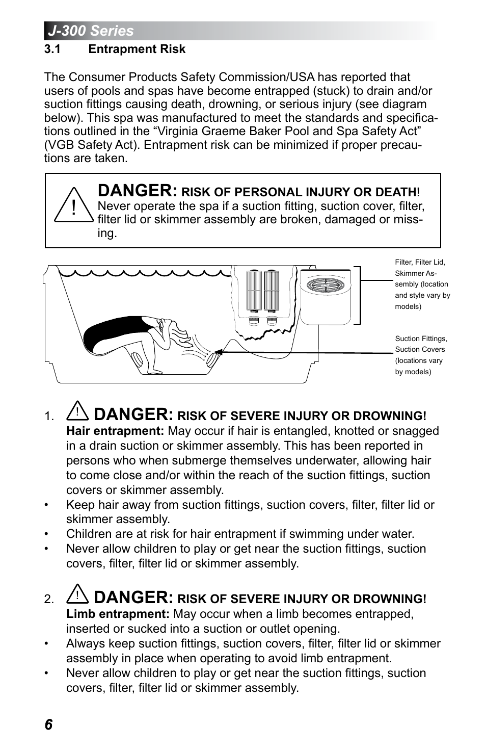 1 entrapment risk, Entrapment risk, Danger | Jacuzzi J - 355 User Manual | Page 10 / 68