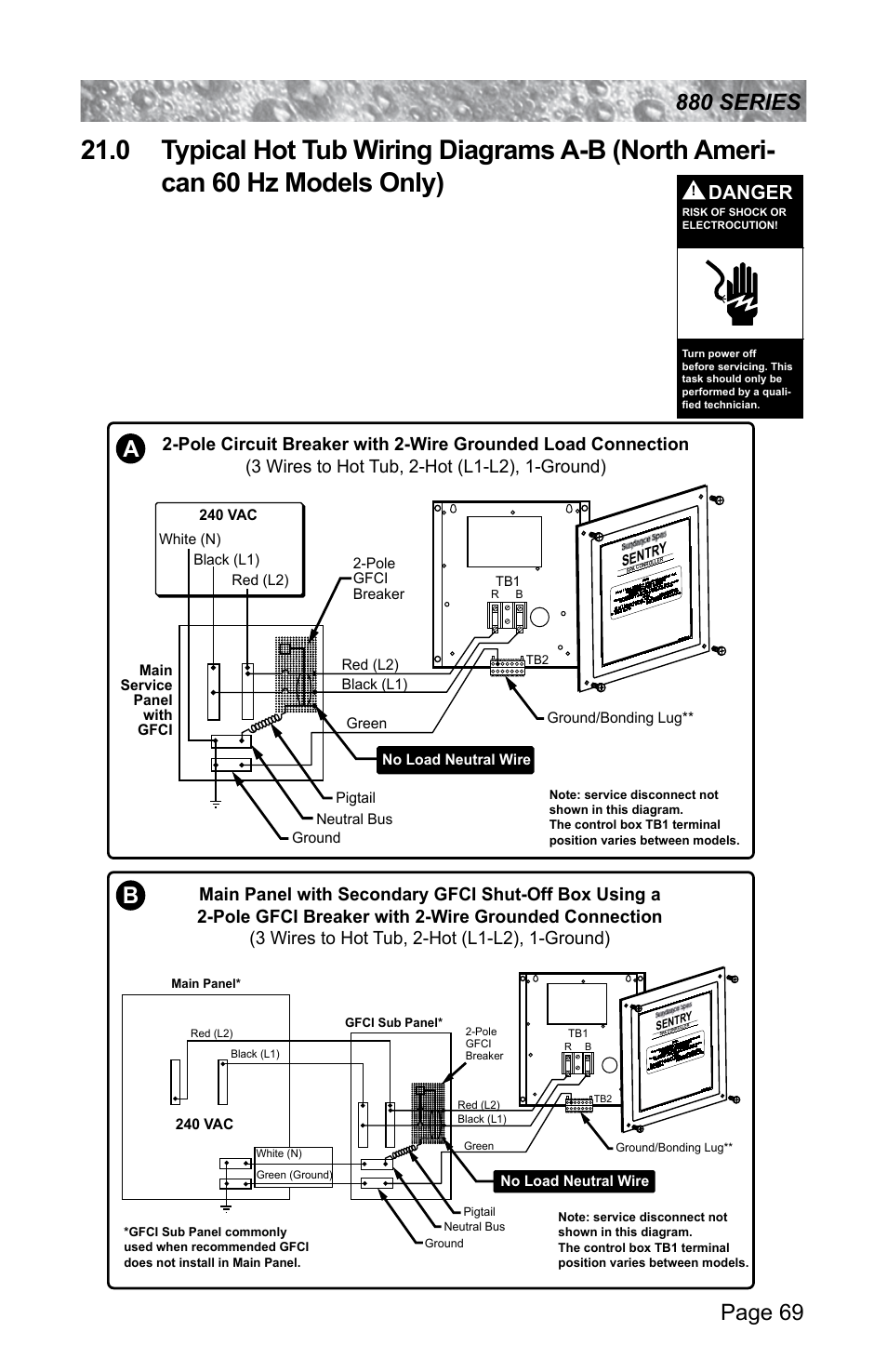 0 typical hot tub wiring diagrams a-b, North american 60 hz models only), Danger | Sundance Spas ALTAMAR 880 User Manual | Page 75 / 92
