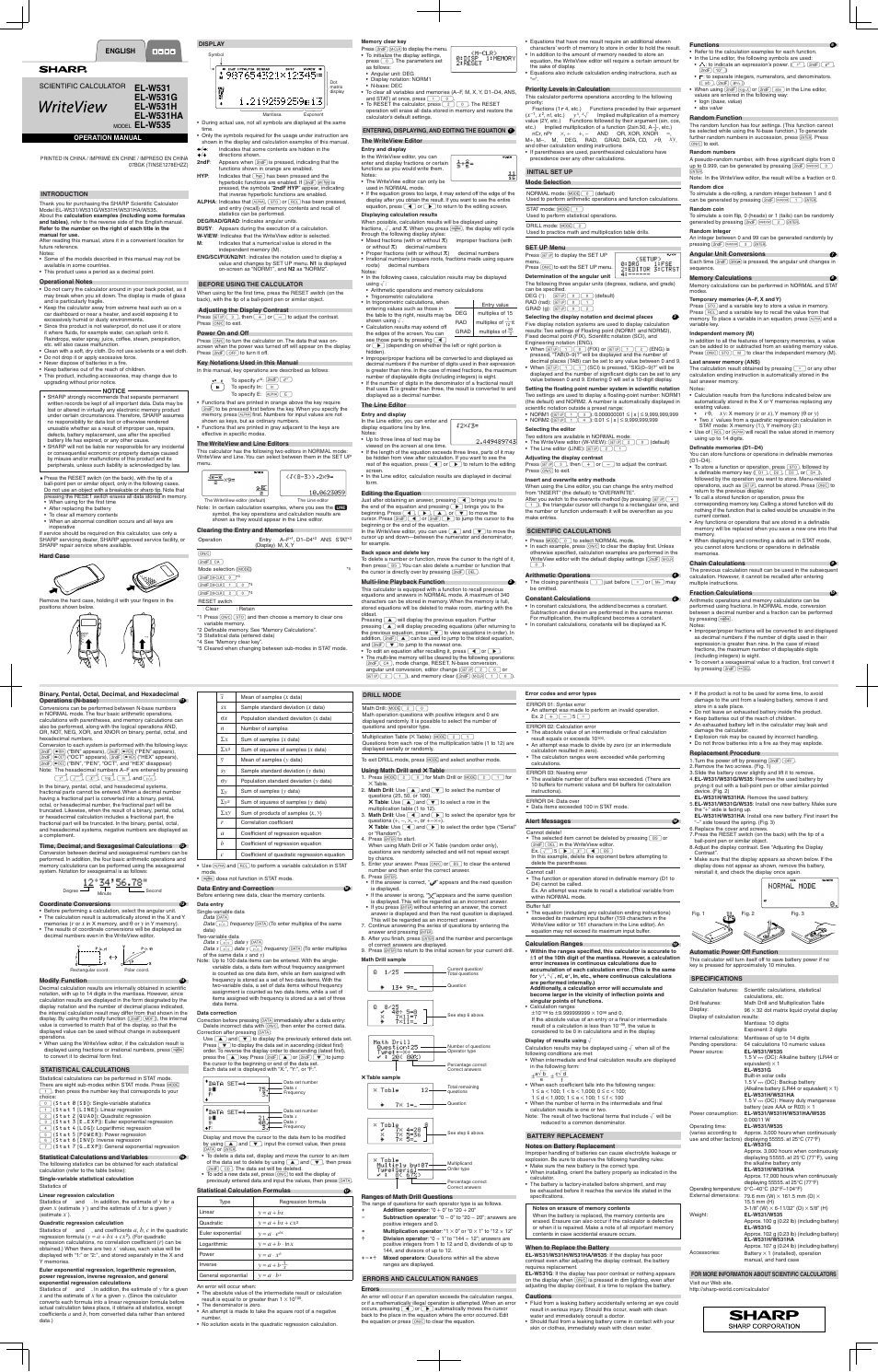 Sharp WRITEVIEW EL-W531 User Manual | 2 pages