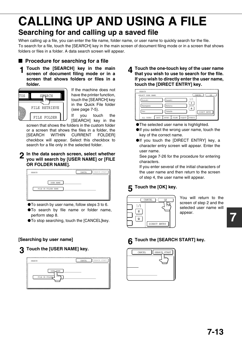 Calling up and using a file, Searching for and calling up a saved file, Procedure for searching for a file | 7calling up and using a file | Sharp AR-M700N User Manual | Page 147 / 172