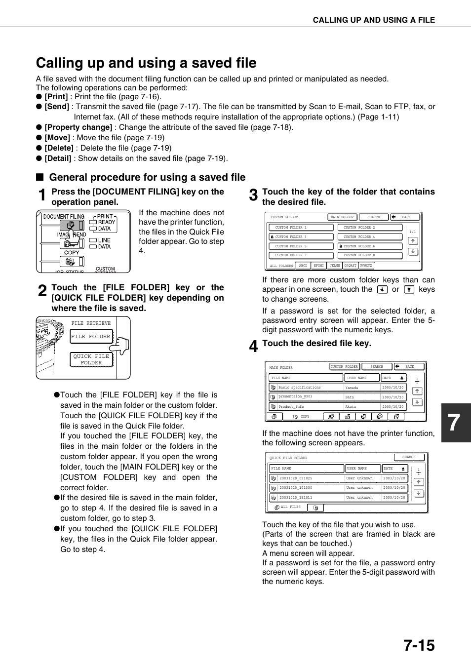 Calling up and using a saved file, General procedure for using a saved file, E "calling up and using a saved file | Ge 7-15, Ge 7- 15, Touch the desired file key | Sharp AR-M700N User Manual | Page 149 / 172