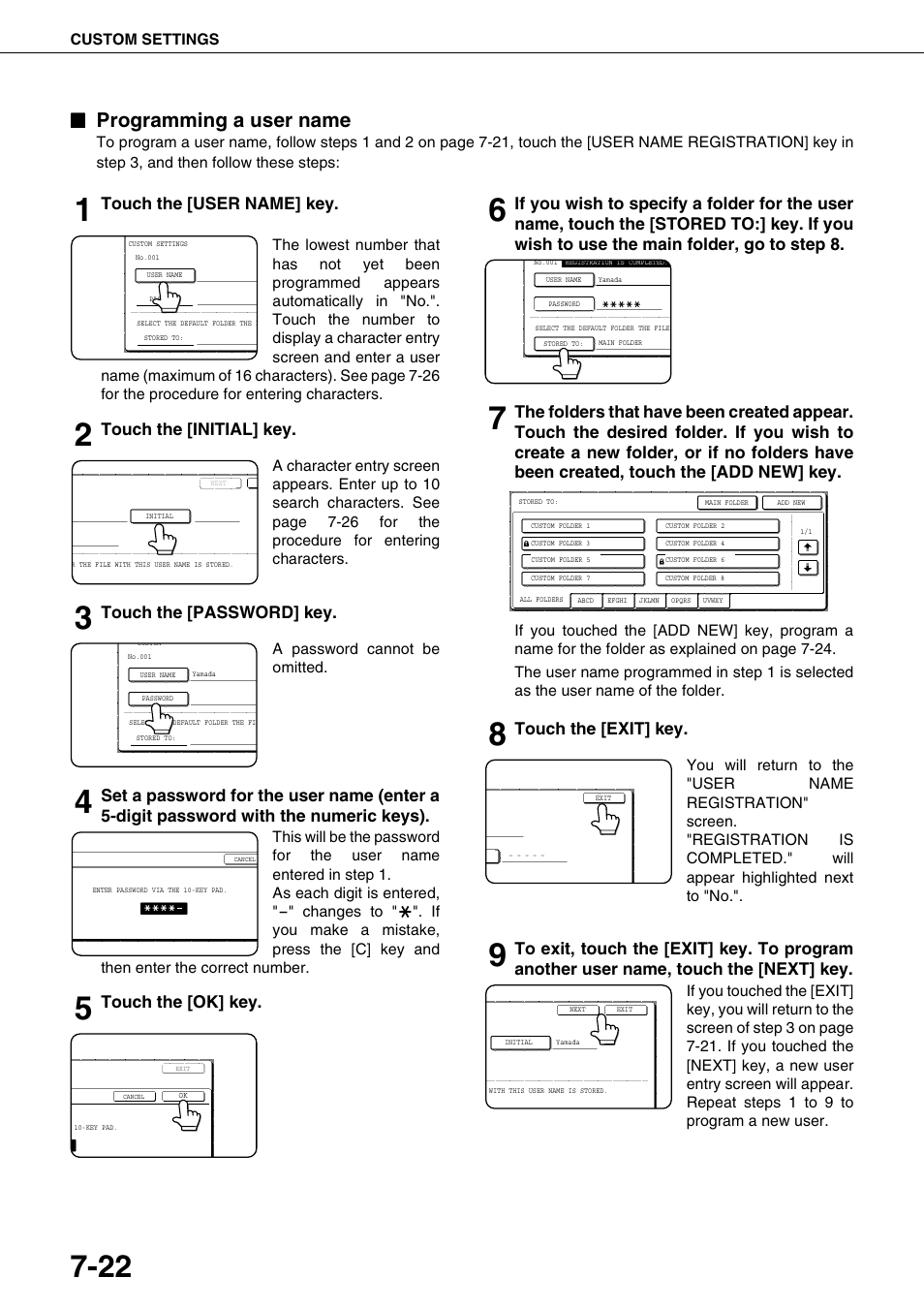 Programming a user name, Programming a user name" on, Ge 7-22) | Touch the [user name] key, Touch the [initial] key, Touch the [password] key, Touch the [ok] key, Touch the [exit] key | Sharp AR-M700N User Manual | Page 156 / 172