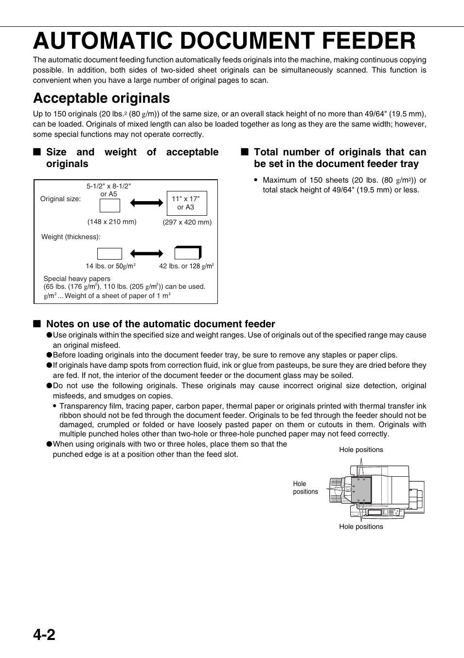 Automatic document feeder, Acceptable originals, Size and weight of acceptable originals | Notes on use of the automatic document feeder | Sharp AR-M700N User Manual | Page 78 / 172