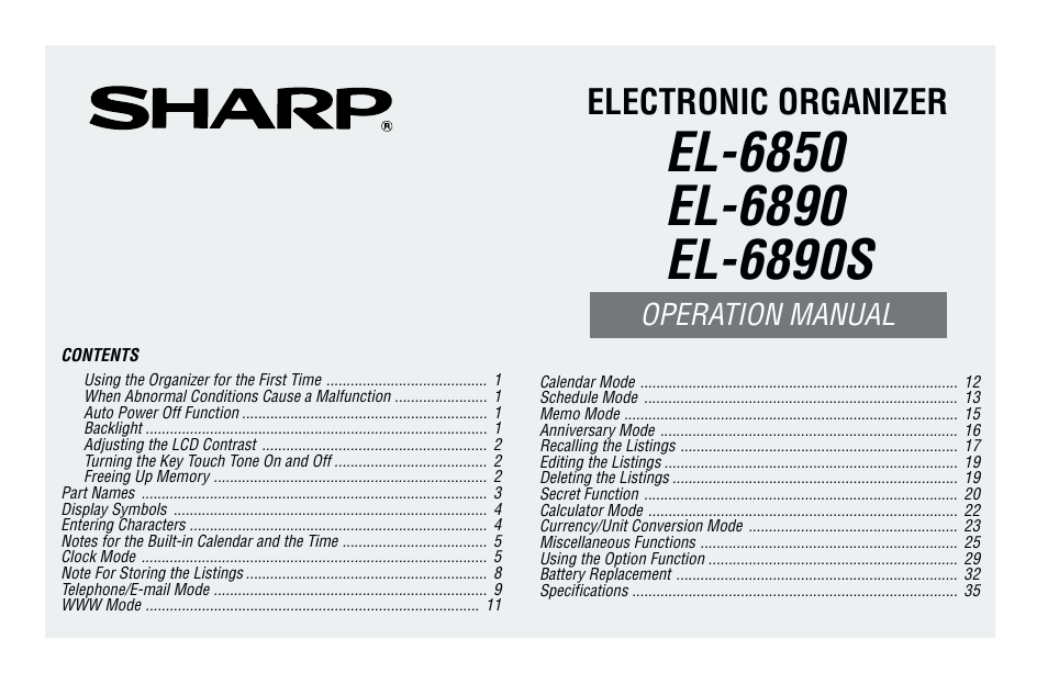 Sharp Electronic Organizer El-6850 User Manual | 40 pages