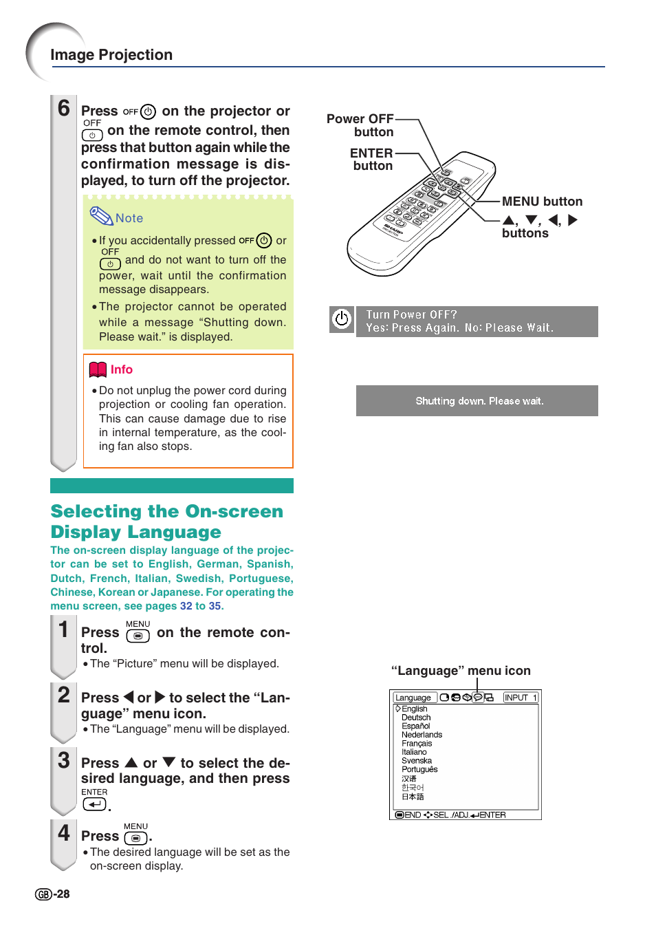 Selecting the on-screen display language | Sharp PG-A10X User Manual | Page 32 / 74