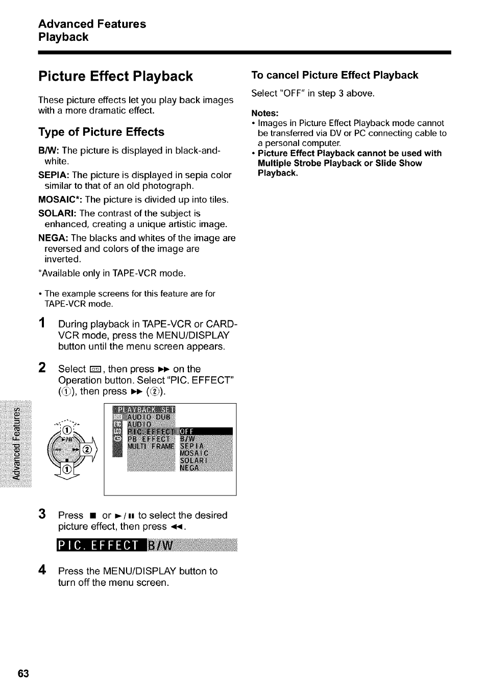 Picture effect playback, To cancel picture effect playback, Notes | Sharp VIEWCAM VL-WD650U User Manual | Page 78 / 120
