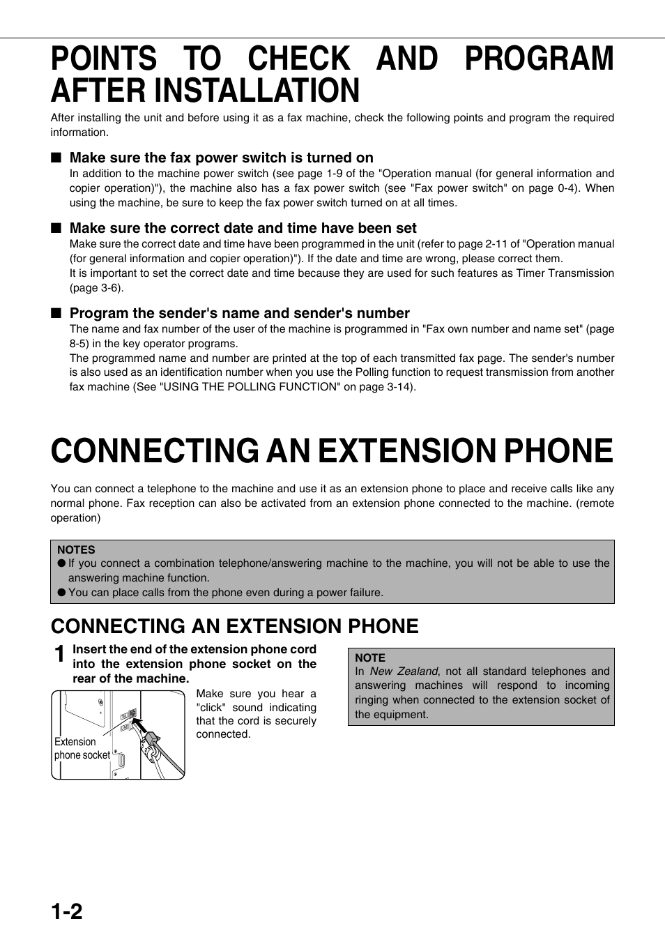 Points to check and program after, Installation, 2 connecting an extension phone | Connecting an extension phone, Points to check and program after installation | Sharp MX-M350U User Manual | Page 16 / 110