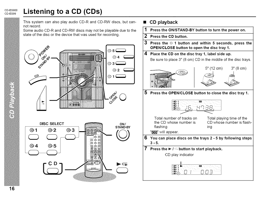Listening to a cd (cds), Cd playback, I / ' f | Sharp CD-ES99 User Manual | Page 16 / 36