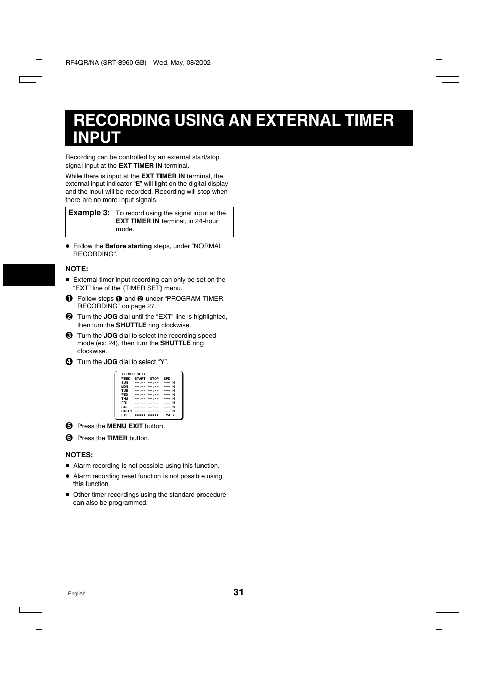 Recording using an external timer input | Sharp SRT-8040 User Manual | Page 32 / 56
