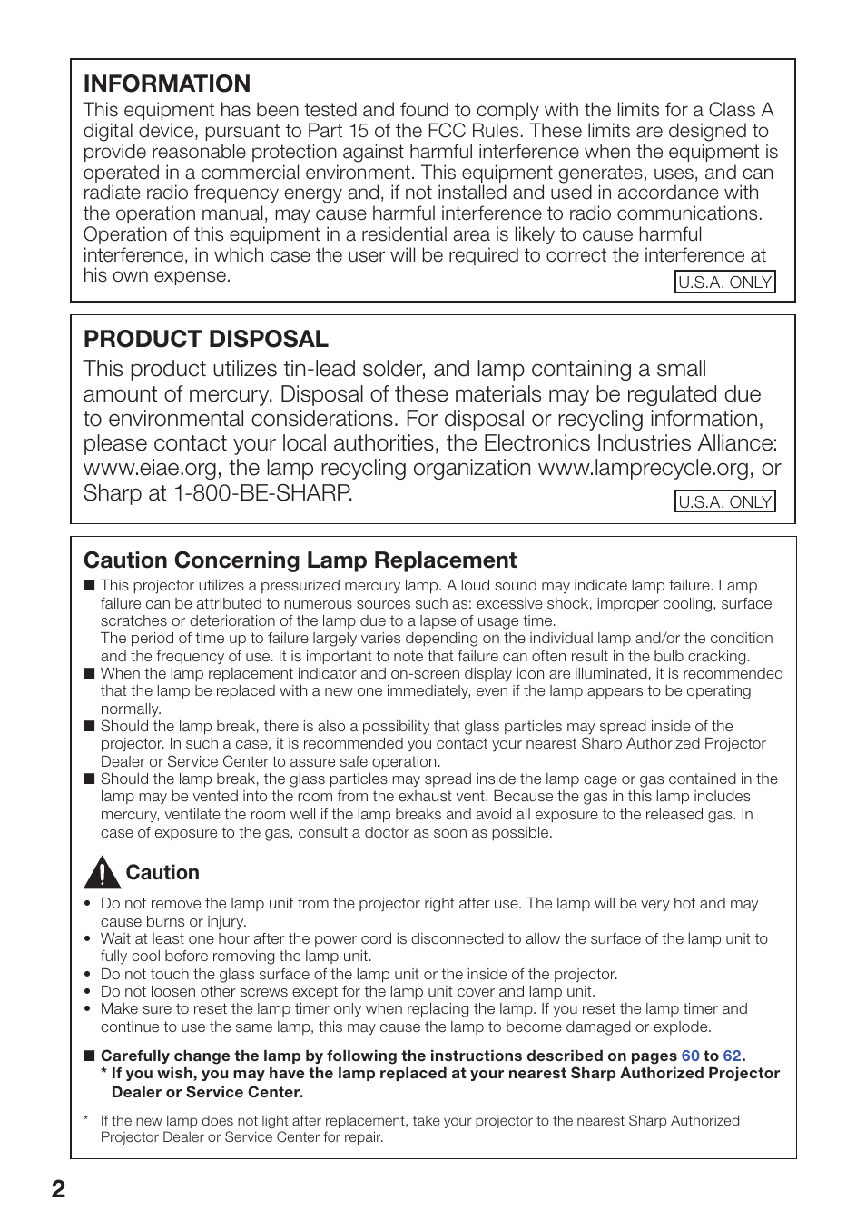 Information, Product disposal, Caution concerning lamp replacement | Sharp PG-D3510X User Manual | Page 6 / 75