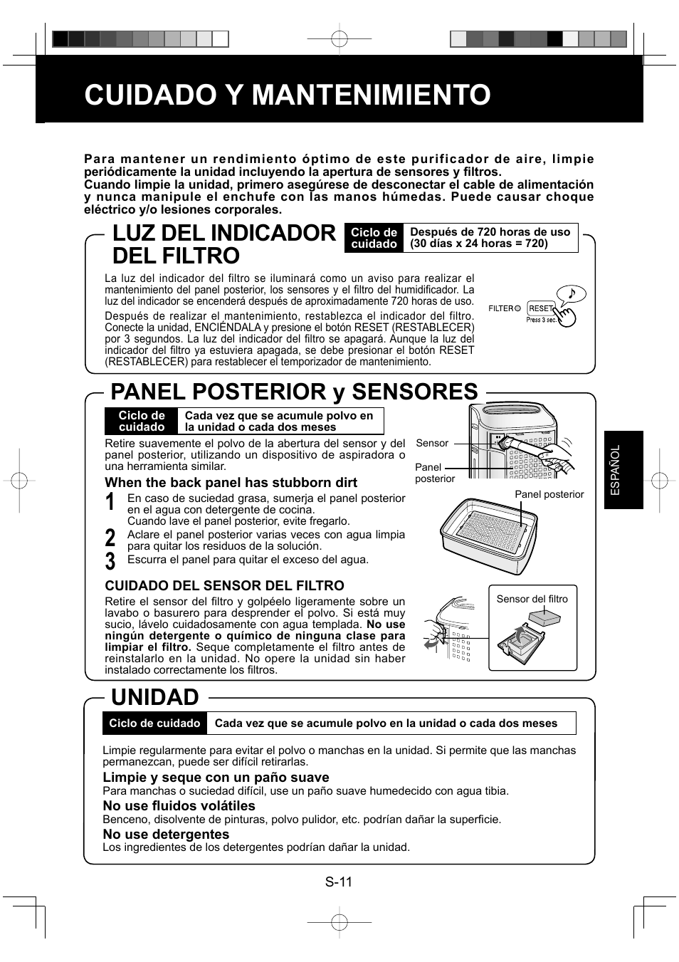 Cuidado y mantenimiento, Unidad luz del indicador del filtro, Panel posterior y sensores | Sharp ENGLISHFRANAISESPAOL KC-860U User Manual | Page 59 / 68
