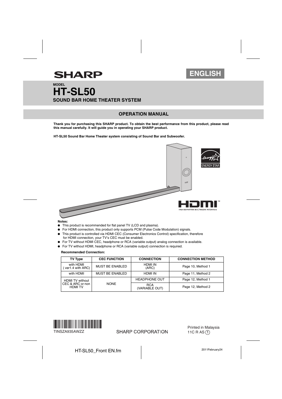 Sharp HT-SL50 User Manual | 16 pages