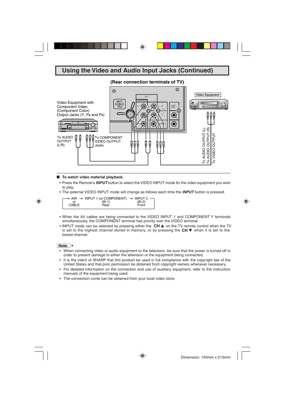 Using the video and audio input jacks (continued), Rear connection terminals of tv) | Sharp 20F540 L User Manual | Page 38 / 59