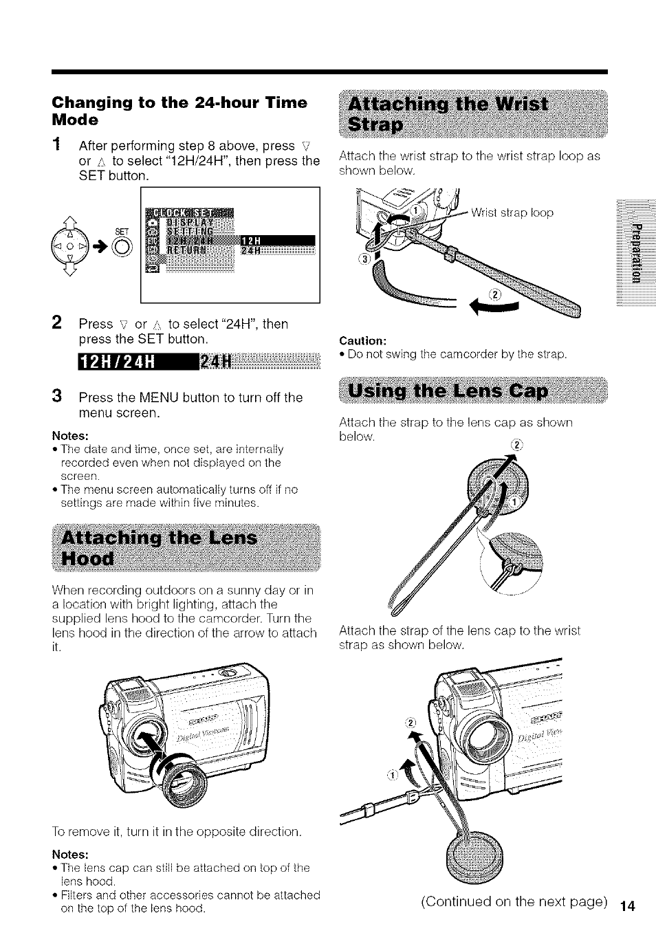 Changing to the 24-hour time mode, Attaching the lens hood, Attaching the wrist strap | Using the lens cap | Sharp VIEWCAM VL-NZ50U User Manual | Page 27 / 83