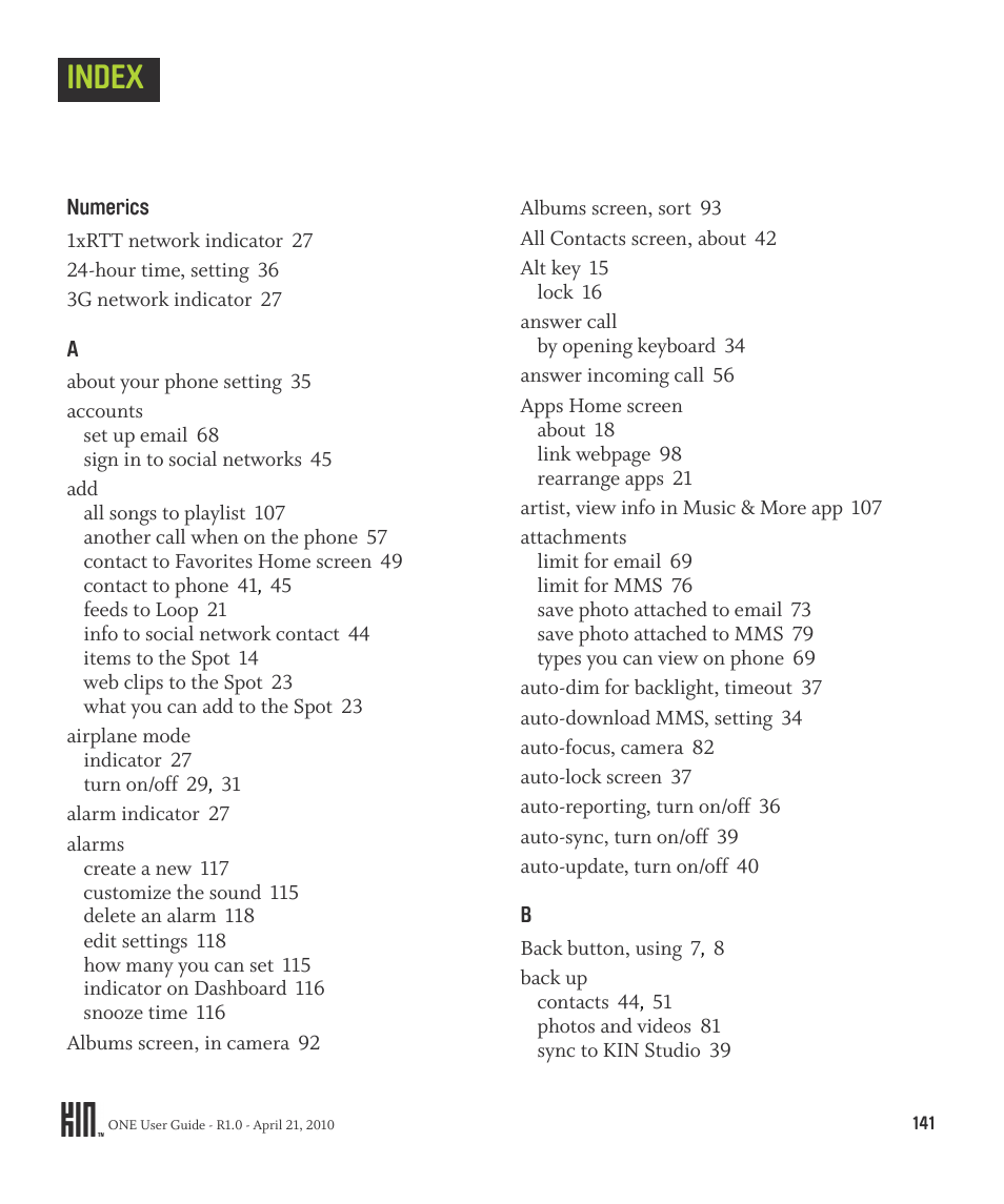 Index | Sharp KIN One OMPB10ZU User Manual | Page 141 / 155