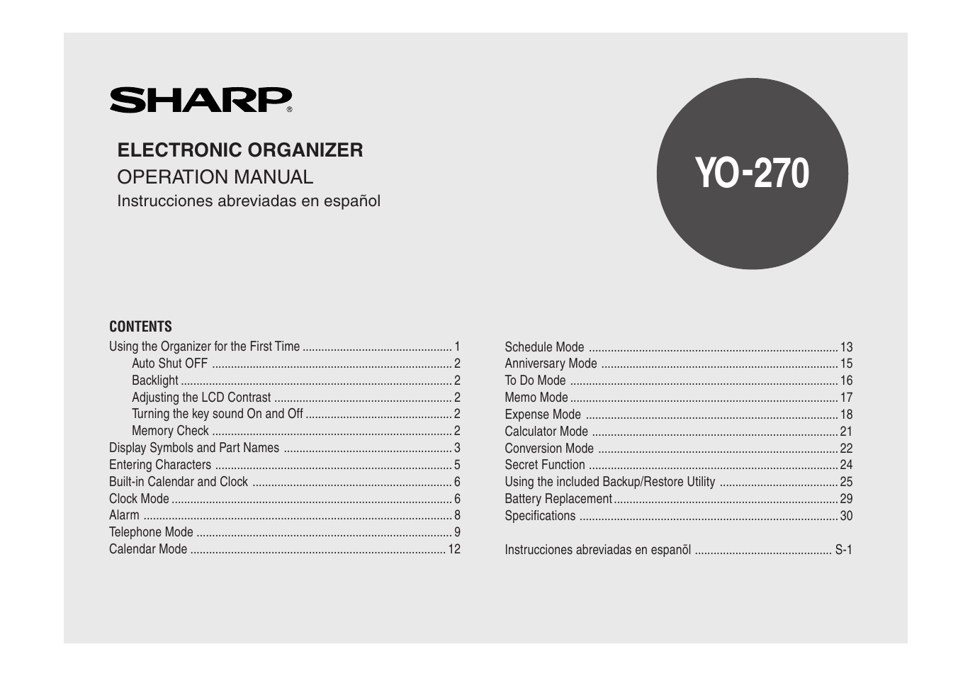 Sharp Electronic Organizer YO-270 User Manual | 52 pages