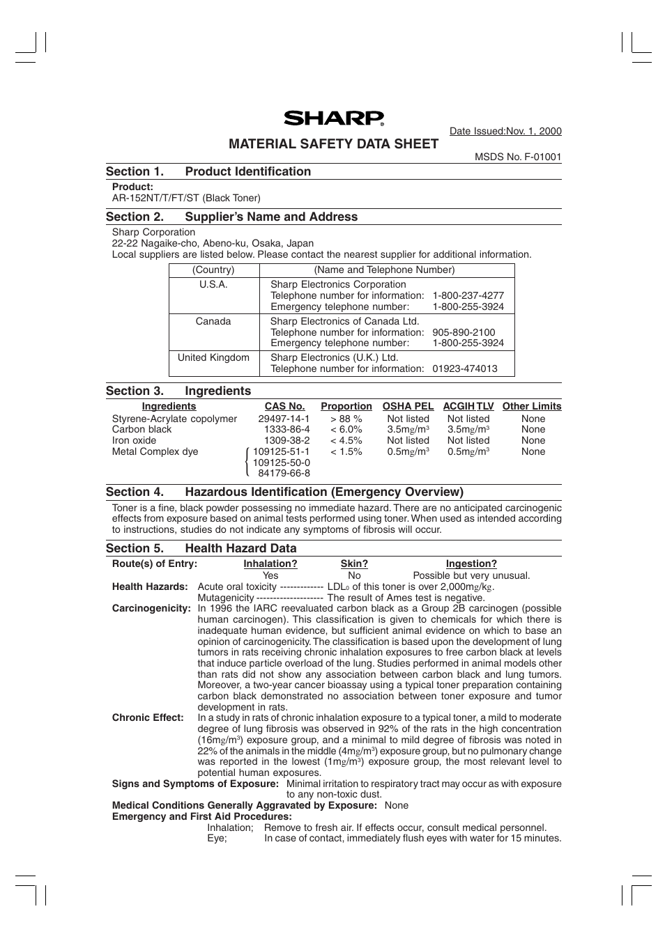 Material safety data sheet | Sharp AR-156 User Manual | Page 47 / 52