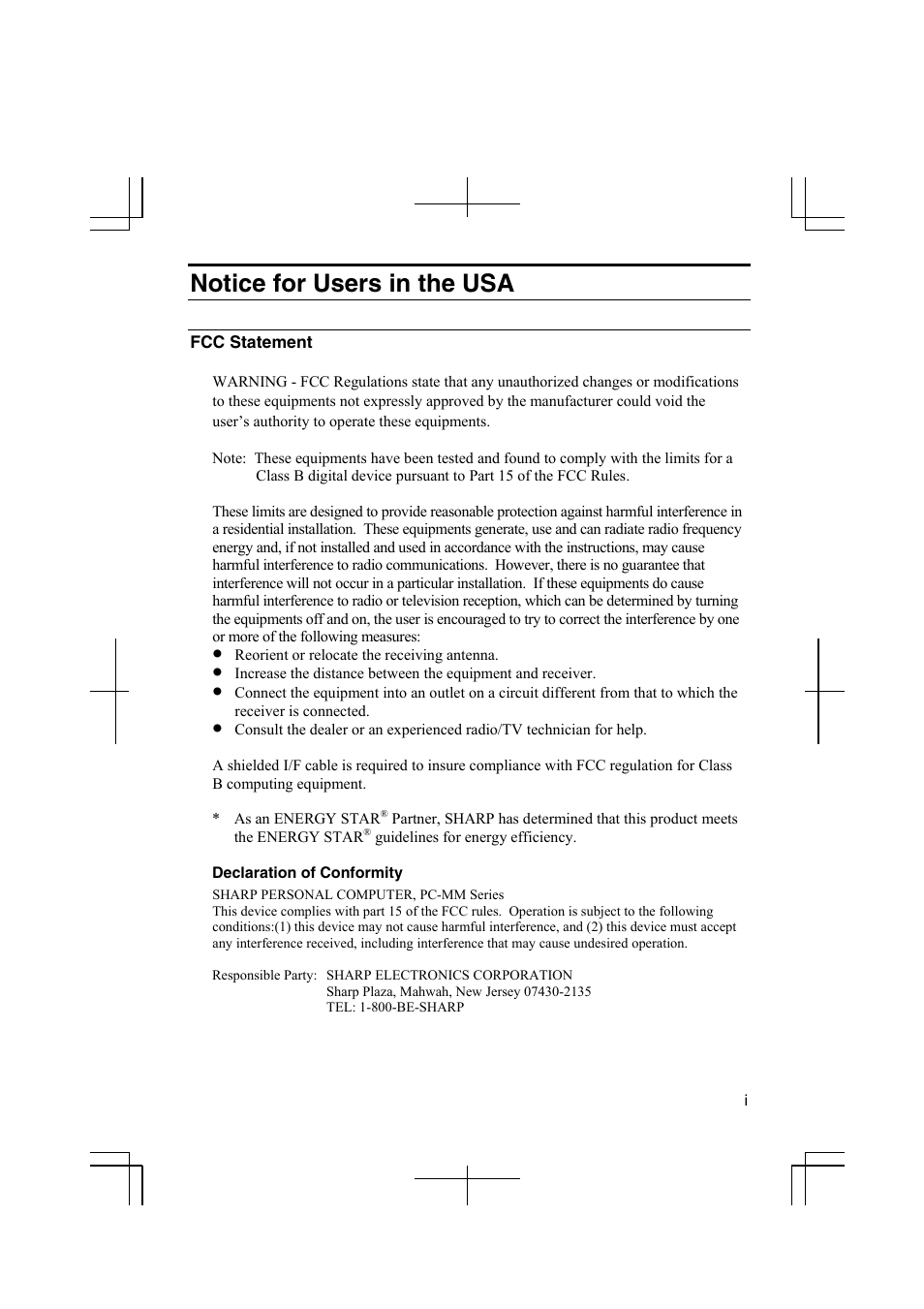 Notice for users in the usa | Sharp PC-MM1 User Manual | Page 3 / 123