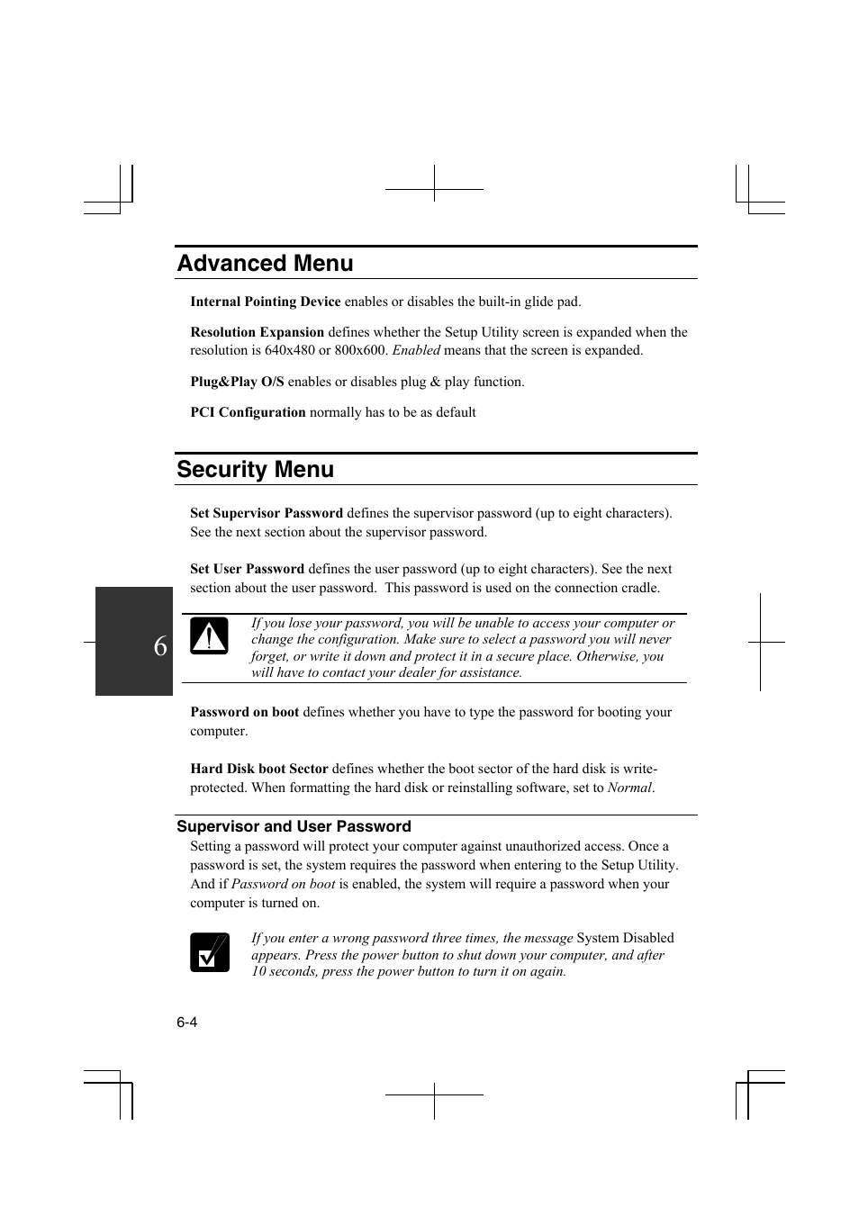 Advanced menu, Security menu | Sharp PC-MM1 User Manual | Page 88 / 123