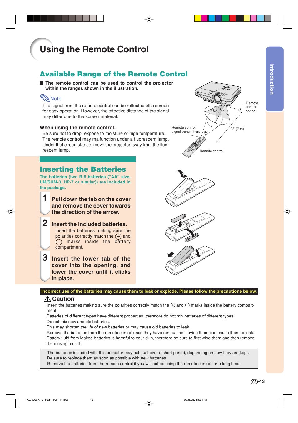 Using the remote control, Inserting the batteries, Available range of the remote control | Caution | Sharp XG-C60X User Manual | Page 17 / 106