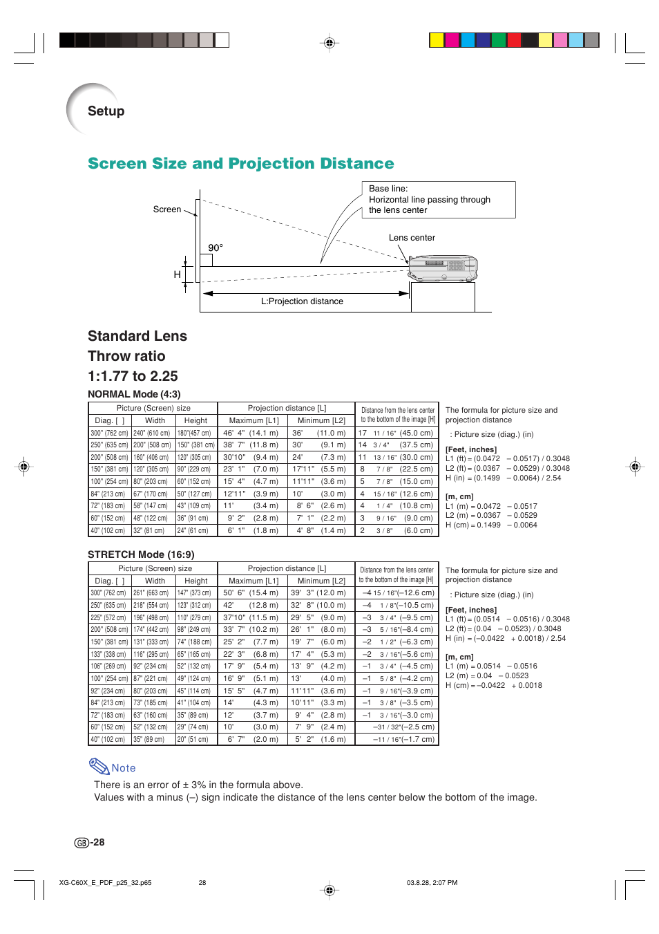 Screen size and projection distance, Setup | Sharp XG-C60X User Manual | Page 32 / 106